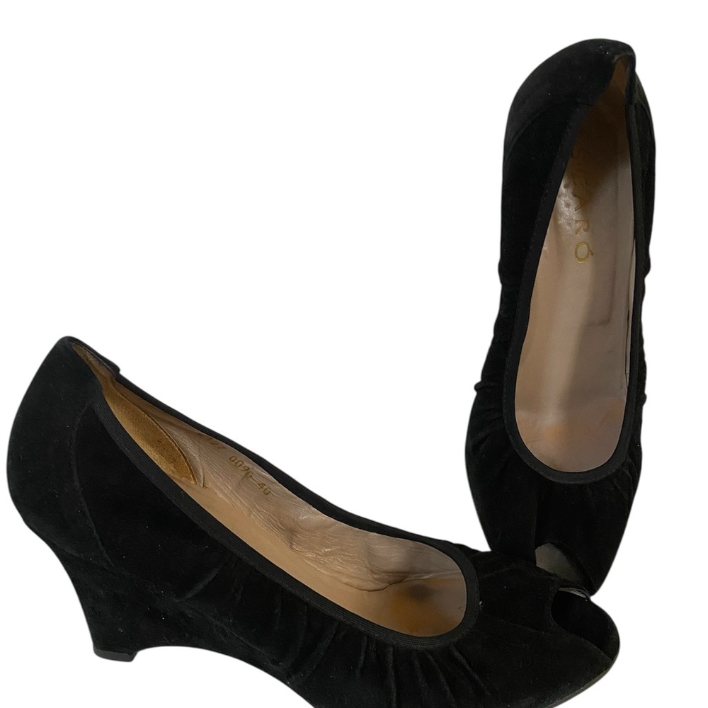 Mascaro Black Suede Peep-Toe Wedge Shoes. Size 40